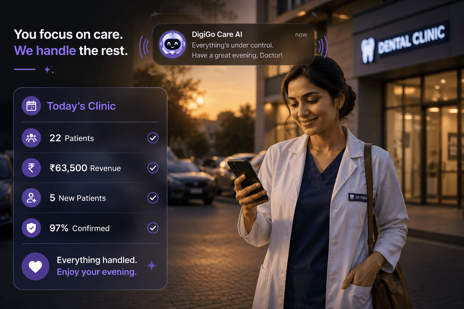 Daily clinic summary — patients, revenue and confirmations handled